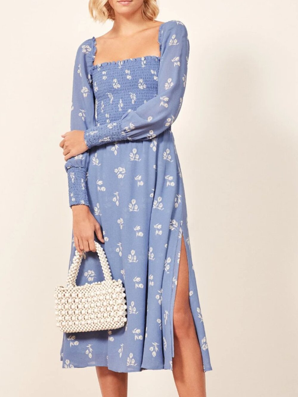 Reformation Rowan Smocked Midi Dress in light blue floral print, Size XL